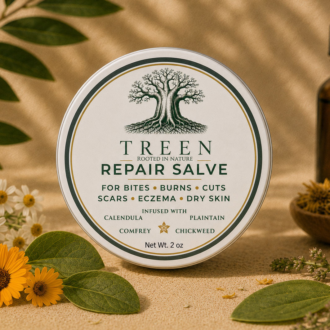 TREEN Repair Salve in a round tin styled with green leaves, dried herbs, and natural textures.