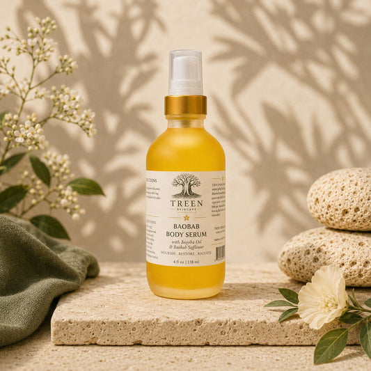 TREEN Baobab Body Serum bottle in a warm botanical setting
