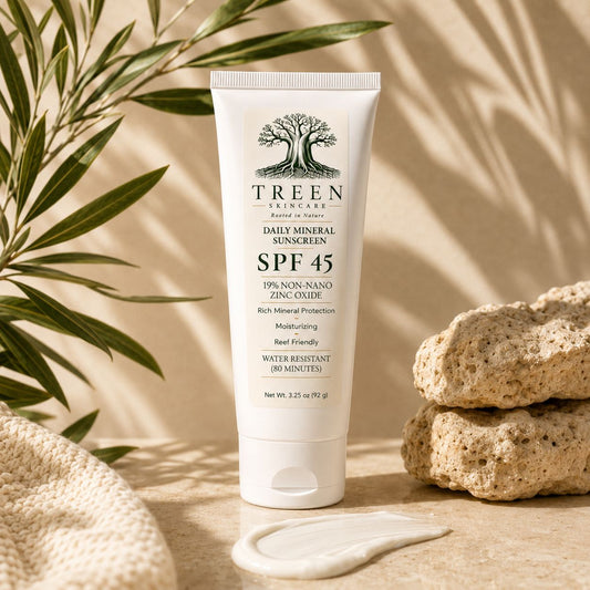 TREEN Mineral Sunscreen SPF 45 tube in a sunlit botanical setting