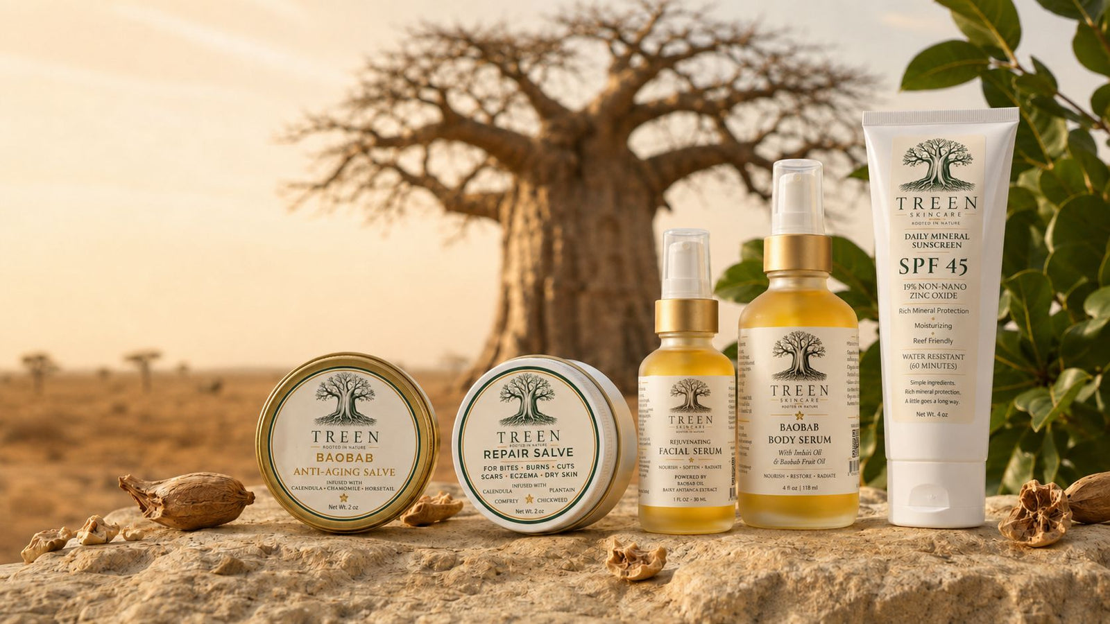 TREEN baobab oil skincare products with baobab tree