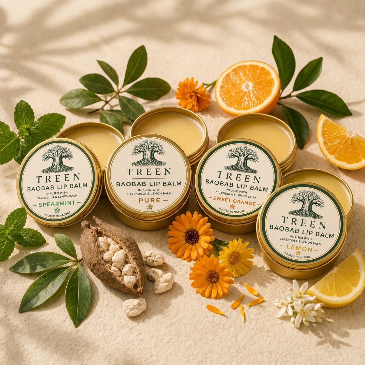 Treen Baobab Lip Balm Collection in premium gold tins