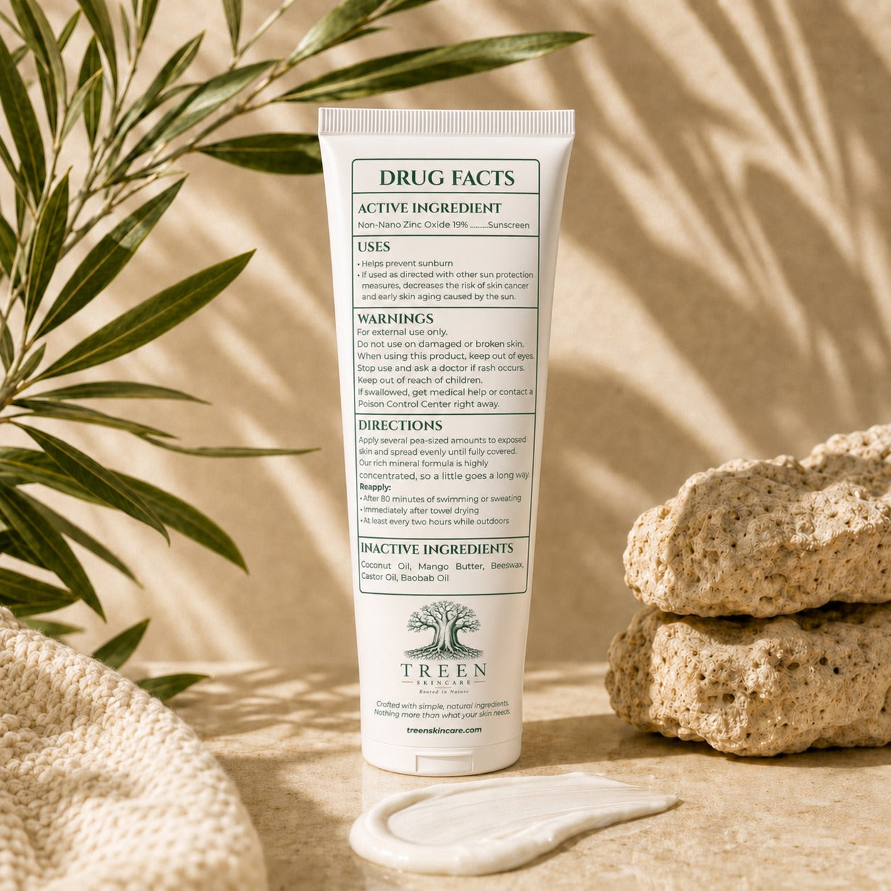 Back of TREEN Mineral Sunscreen SPF 45 tube showing Drug Facts, directions, warnings, and ingredients