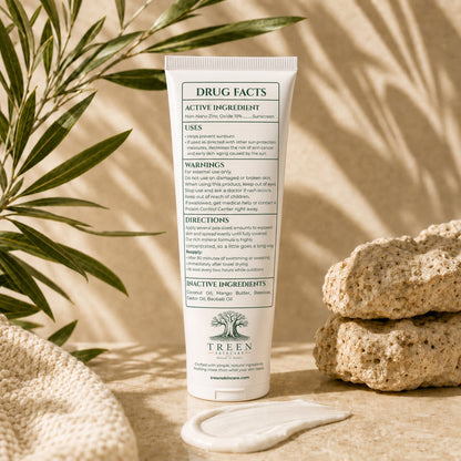 Back of TREEN Mineral Sunscreen SPF 45 tube showing Drug Facts, directions, warnings, and ingredients